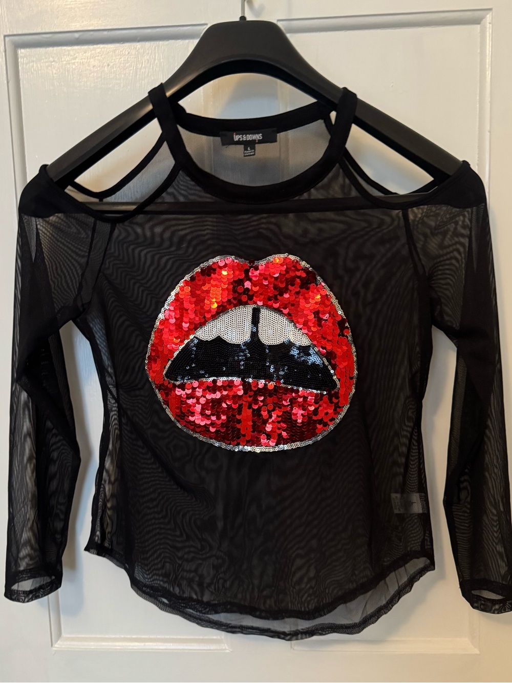 Lips Sequin Cold-Shoulder Mesh Top - Black